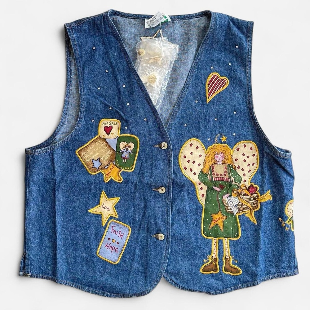 New Vintage Quacker Factory Angel Embroidered Appliqué Denim Vest